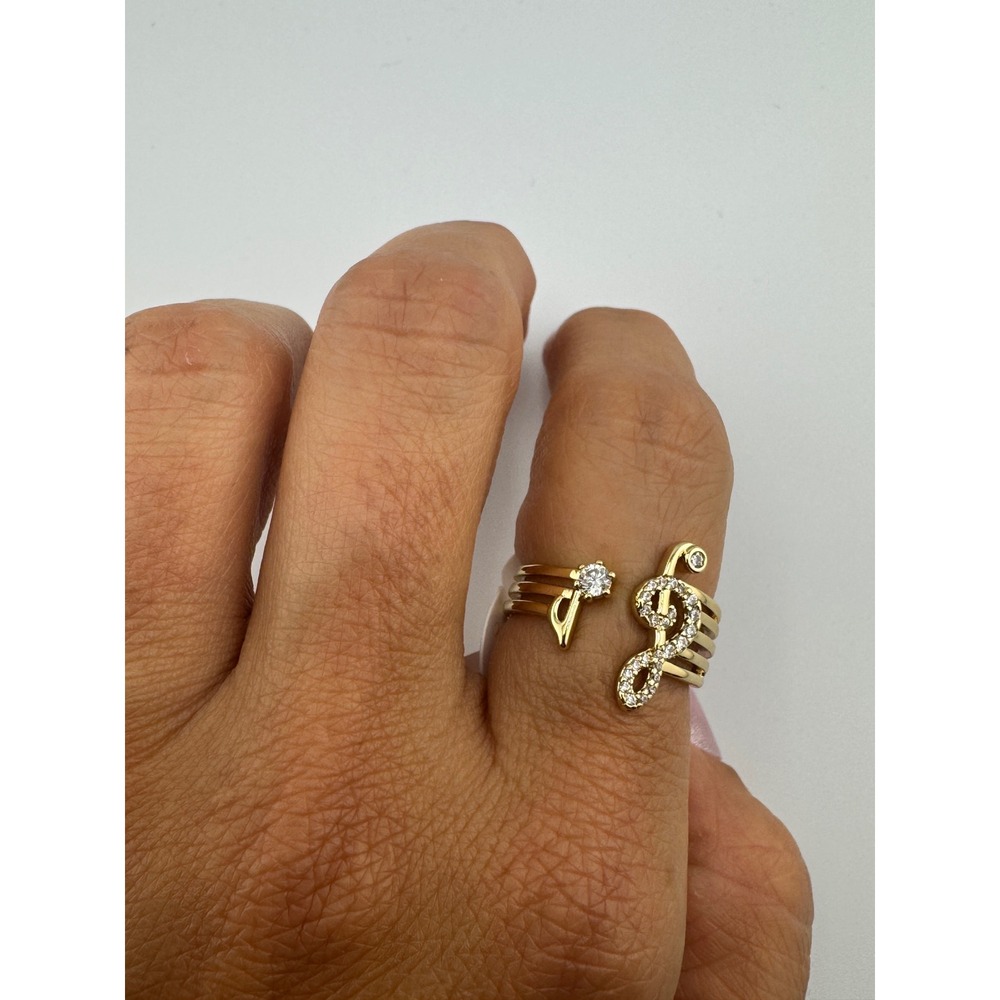 Gold Tone Music Treble Clef Note CZ Bypass Ring Size 6 Open size Adjustable - Picture 3 of 4